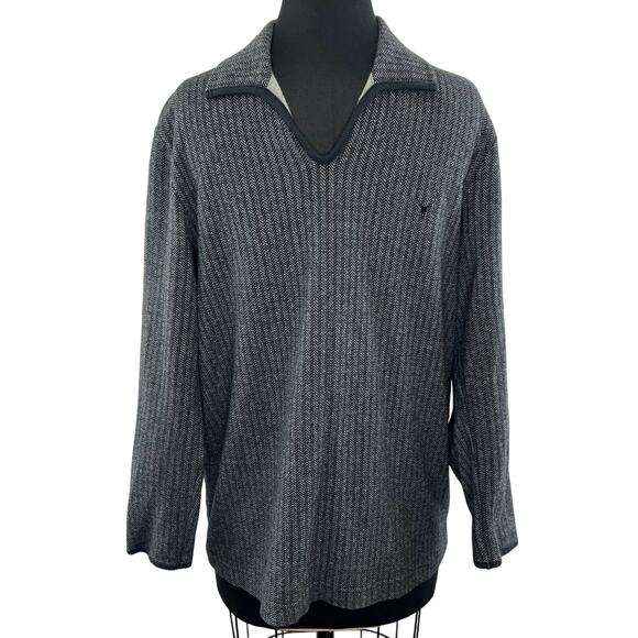 TAKEO KIKUCHI Gray Black Herringbone Collared Long Sleeve Knit Pullover Medium M - Picture 1 of 7